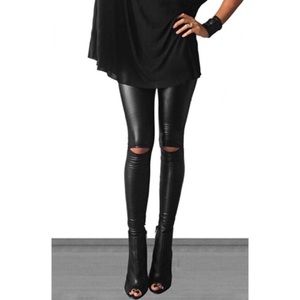 NWOT black faux leather leggings w/ cut out knees
